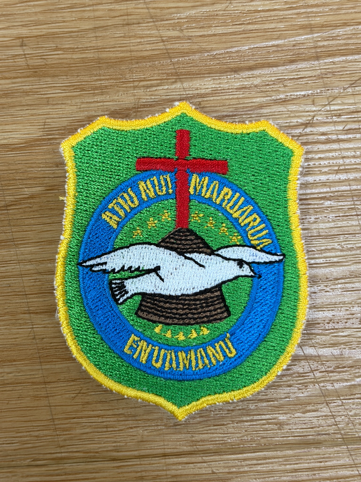 Custom green, blue and gold shield-shaped embroidery patch